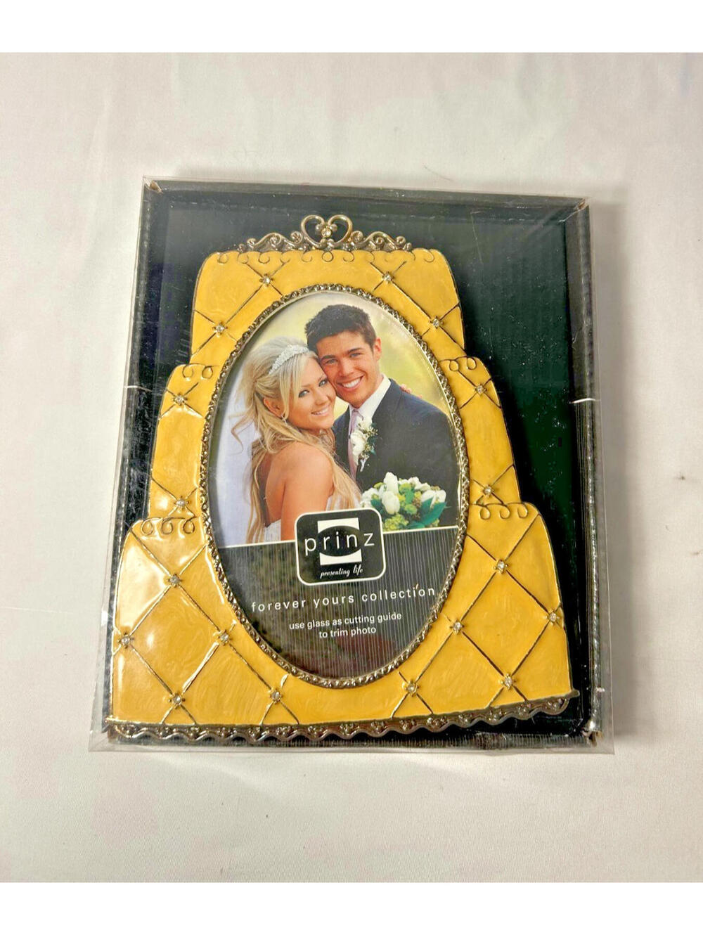 Prinz “Forever Yours” Cake-Shaped 4x6 Frame Yellow Enamel Crystal Accents NIB